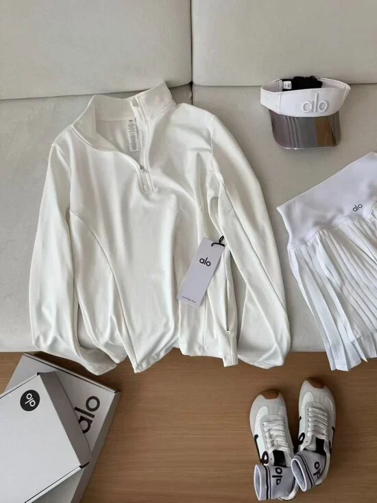 Alo Yoga Pure White Half-Zip Long-Sleeve Top + Pleated Mini Skirt Two-Piece Set - Picture 2 of 4